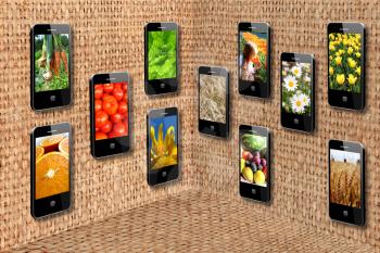 Modern mobile phones with different images in three-dimensional flatness from sacking
