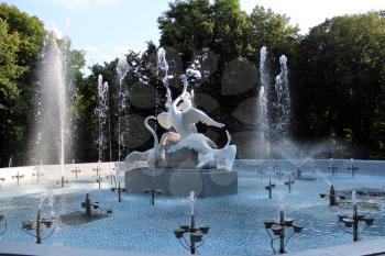 fountains with beautiful white swans in the park of Lvov