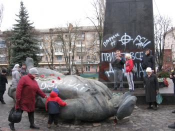 thrown big bronze monument to Lenin the leader of world proletariat in Chernigov