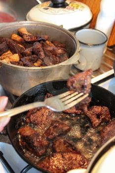 Pieces of fried and tasty meat and liver on a pan