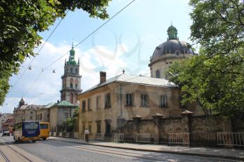 street in Lvov with view to temples and transport