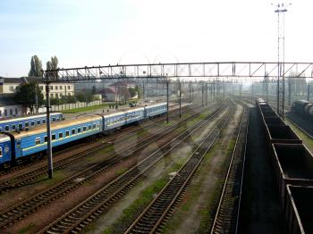 view on passenger trains from above in the railway station
