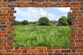 hole in the brick wall and view to summer field with green grass