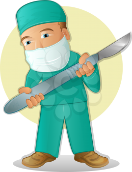 Surgeon wearing scrubs and holding a scalpel