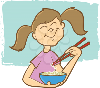 Cute girl eating noodles with chop sticks