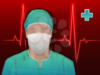 Surgeon in scrubs with red medical background