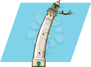 Cartoon person hanging over the rail of a wind blown lighthouse