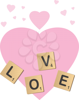 Board game letters with hearts spelling love