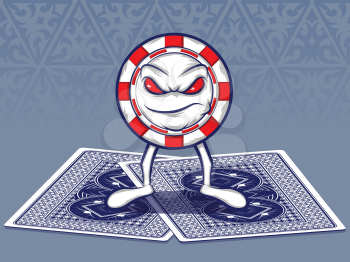 Poker Chip Character Standing on Two Poker Cards