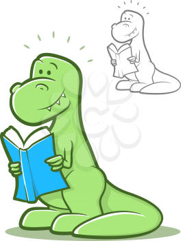 Cartoon dinosaur holding a book and smiling