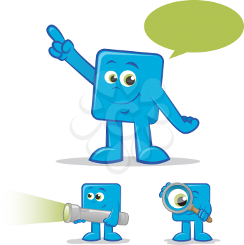 Illustration of a blue cartoon talking and finding