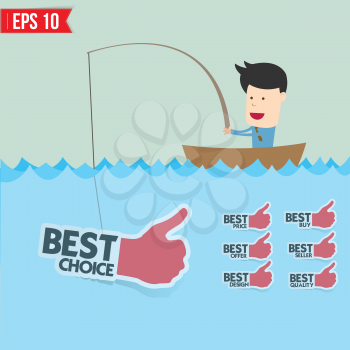 Cartoon businessman catching best tag  in the sea - Vector illustration - EPS10