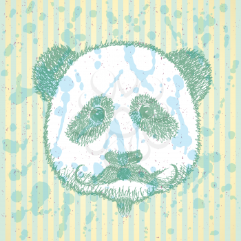 Sketch panda with mustache, vector vintage background
