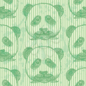 Sketch panda with mustache, vector vintage seamless pattern