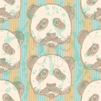 Sketch panda with mustache, vector vintage seamless pattern