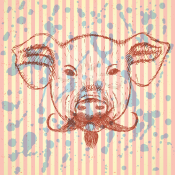 Sketch pig with mustache, vector vintage background