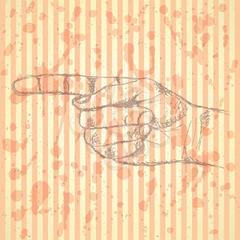 Pointing  hand, vector vintage background in sketch style