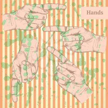 Pointing  hand, vector vintage background in sketch style