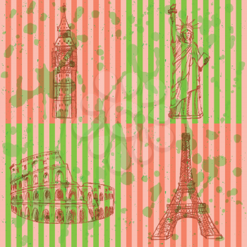 Sketch Eifel tower, Coliseum, Big Ben and Statue of Liberty, vector vintage set