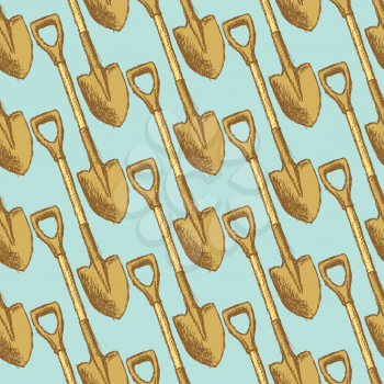 Sketch garden shovel, vector vintage seamless pattern