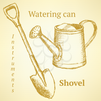 Sketch shovel and watering can, vector vintage background