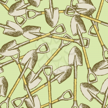 Sketch garden shovel, vector vintage seamless pattern

