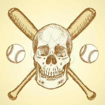 Sketch baseball ball, bat and scull, background

