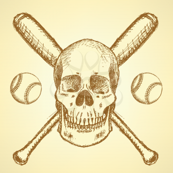Sketch baseball ball, bat and scull, background

