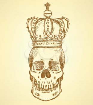 Sketch skull in crown, vector vintage background 
