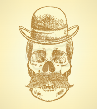 Sketch scull with mustache and in hat, background

