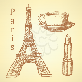 Sketch Eiffel tower, lipstick and cup, vector vintage background

