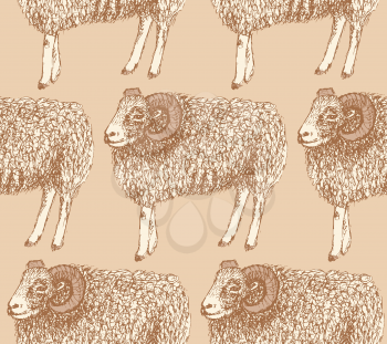 Sketch New Year ram in vintage style, seamless pattern