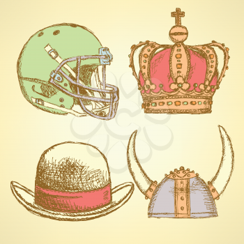Sketch viking helmet, crown, football helmet and hat, unusual set