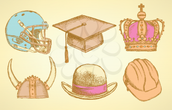 Sketch crown, gentleman hat, viking, fotball helmet and graduation hat