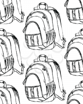 Sketch cute school backpack in vintage style, seamless pattern