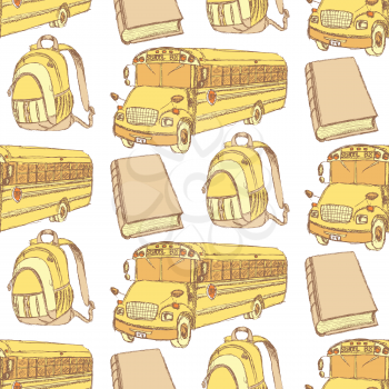 Sketch backpack, book and school bus, seamless pattern