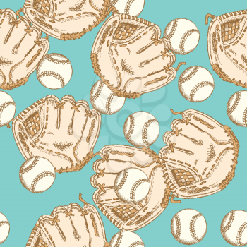 Sketch baseball bal ang glove, vintage seamless pattern