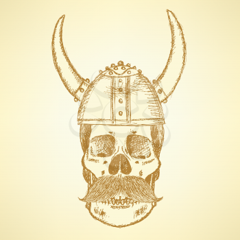 Sketch skull in viking helmet and with mustache