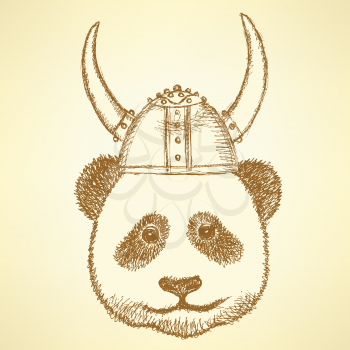 Sketch cute panda in viking helmet
