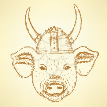 Sketch cute pig in the viking helmet