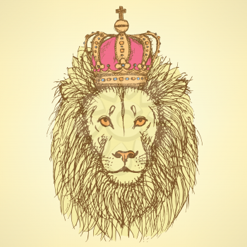 Sketch cute lion with crown in vintage style, background