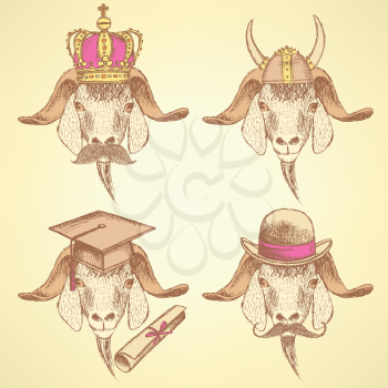 Sketch unusual goats set in vintage style


