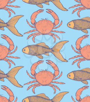 Sketch cute crab and fish in vintage style, seamless pattern

