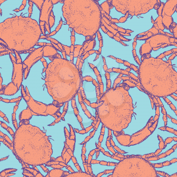 Sketch cute crab in vintage style, seamless pattern


