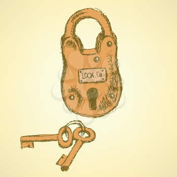 Sketch  padlock with keys in vintage style, vector  background