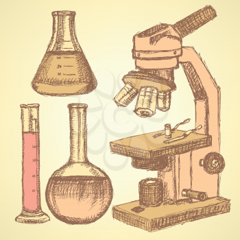 Sketch scientific set in vintage style, vector background

