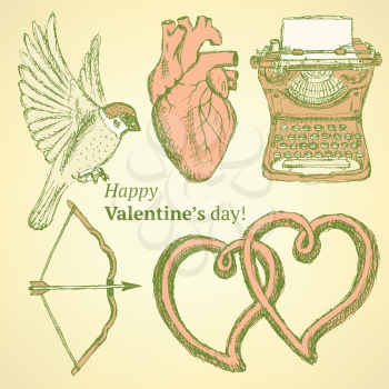 Sketch cute Valentine set in vintage style