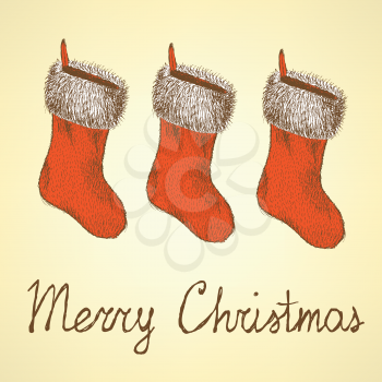 Sketch Christmas stocking in vintage style, vector