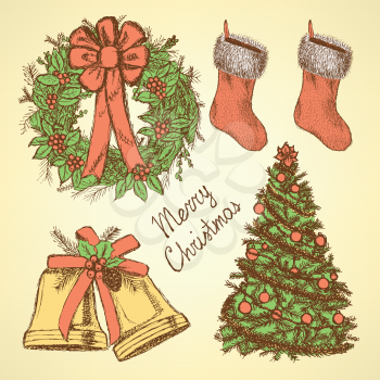 Sketch Christmas set in vintage style, vector

