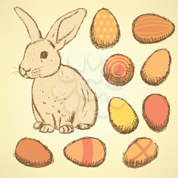 Sketch Easter eggs and bunnyset in vintage style, vector